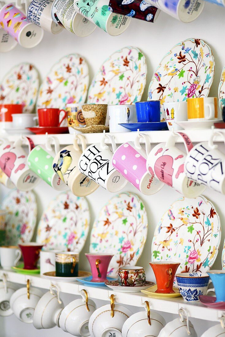 Various plates and cups on a wall shelf