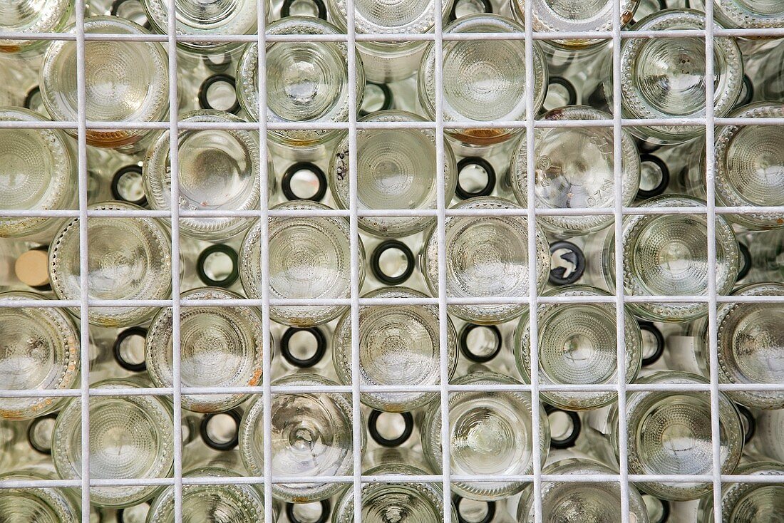 Empty wine bottle seen through a grate