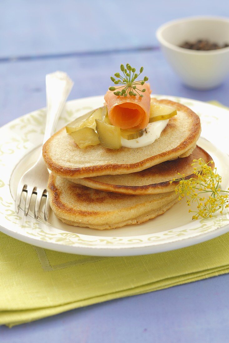 Blinis with smoked salmon, gherkins and sour cream