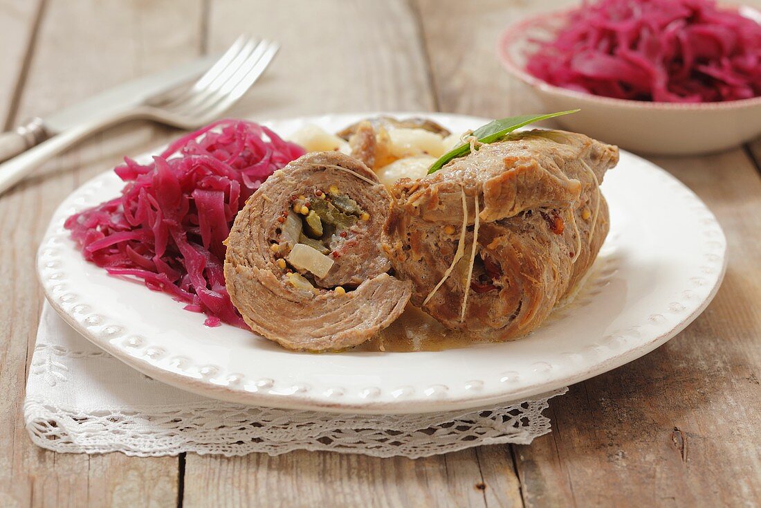 Beef roulade with potato dumplings and red cabbage (Poland)