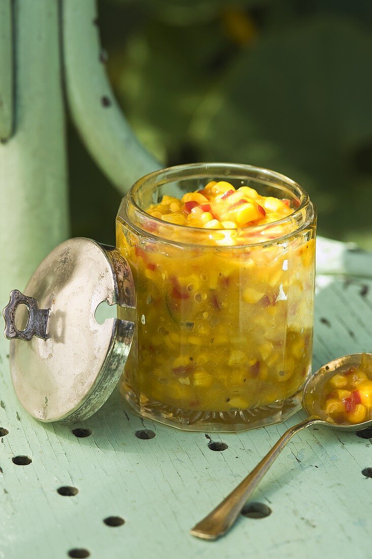 A jar of sweetcorn relish