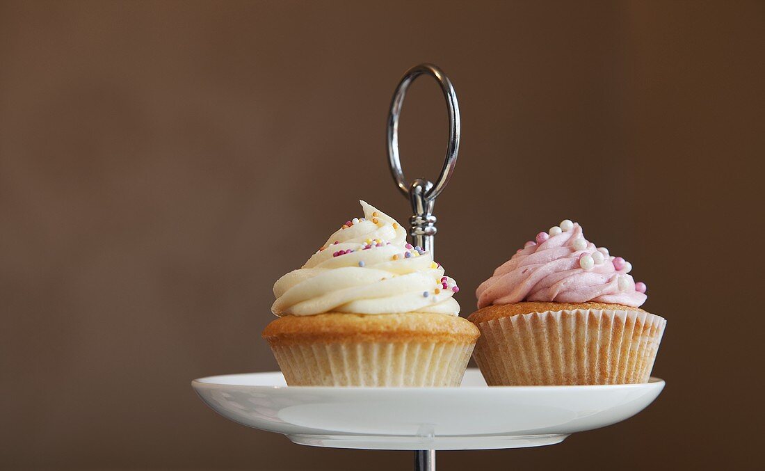 Two cupcakes on a cake stand