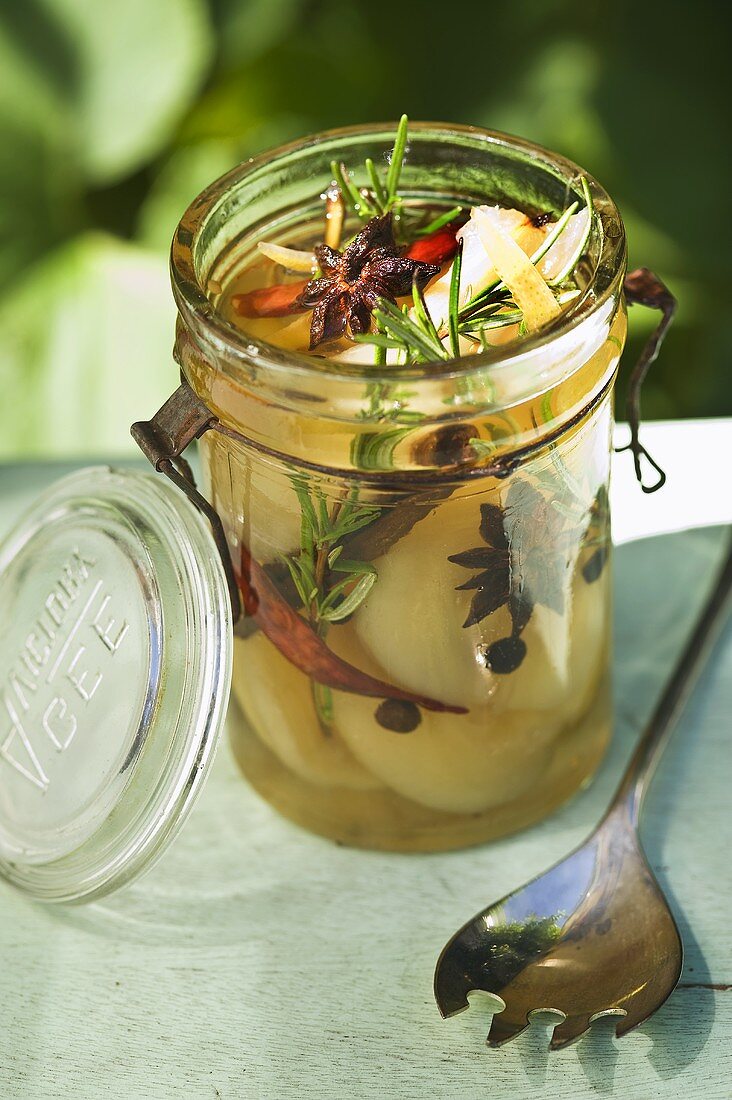 Pickled pears with spices and rosemary