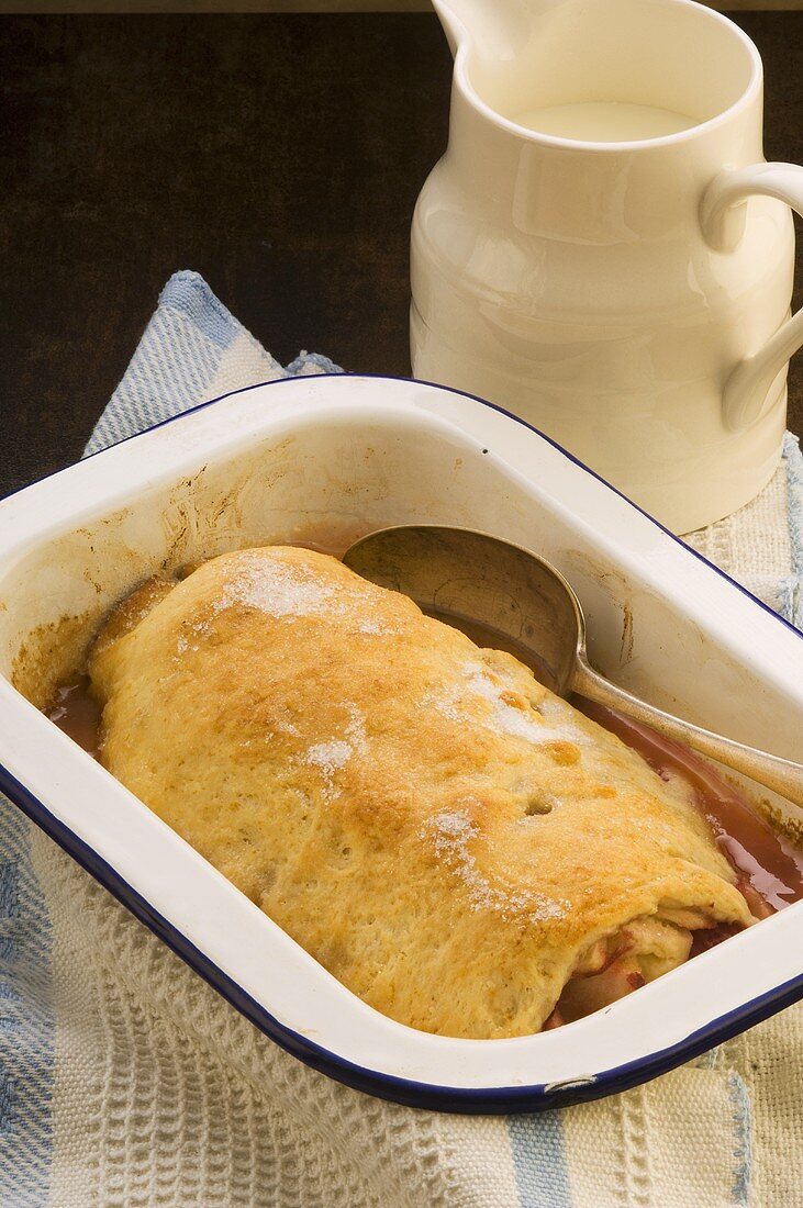 Rhubarb strudel in a baking dish