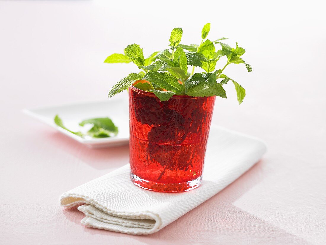 Fresh mint in a red glass