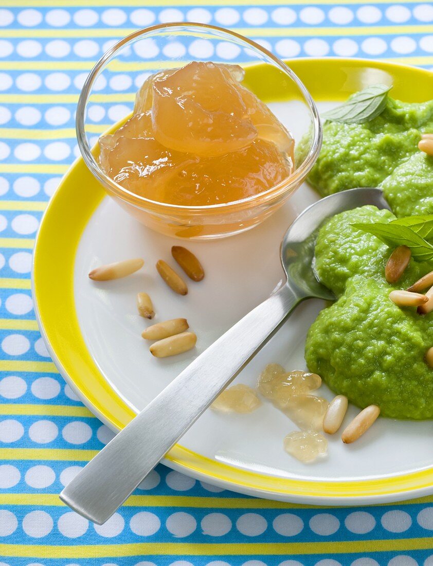 Pine needle jelly and mushy peas with pine nuts