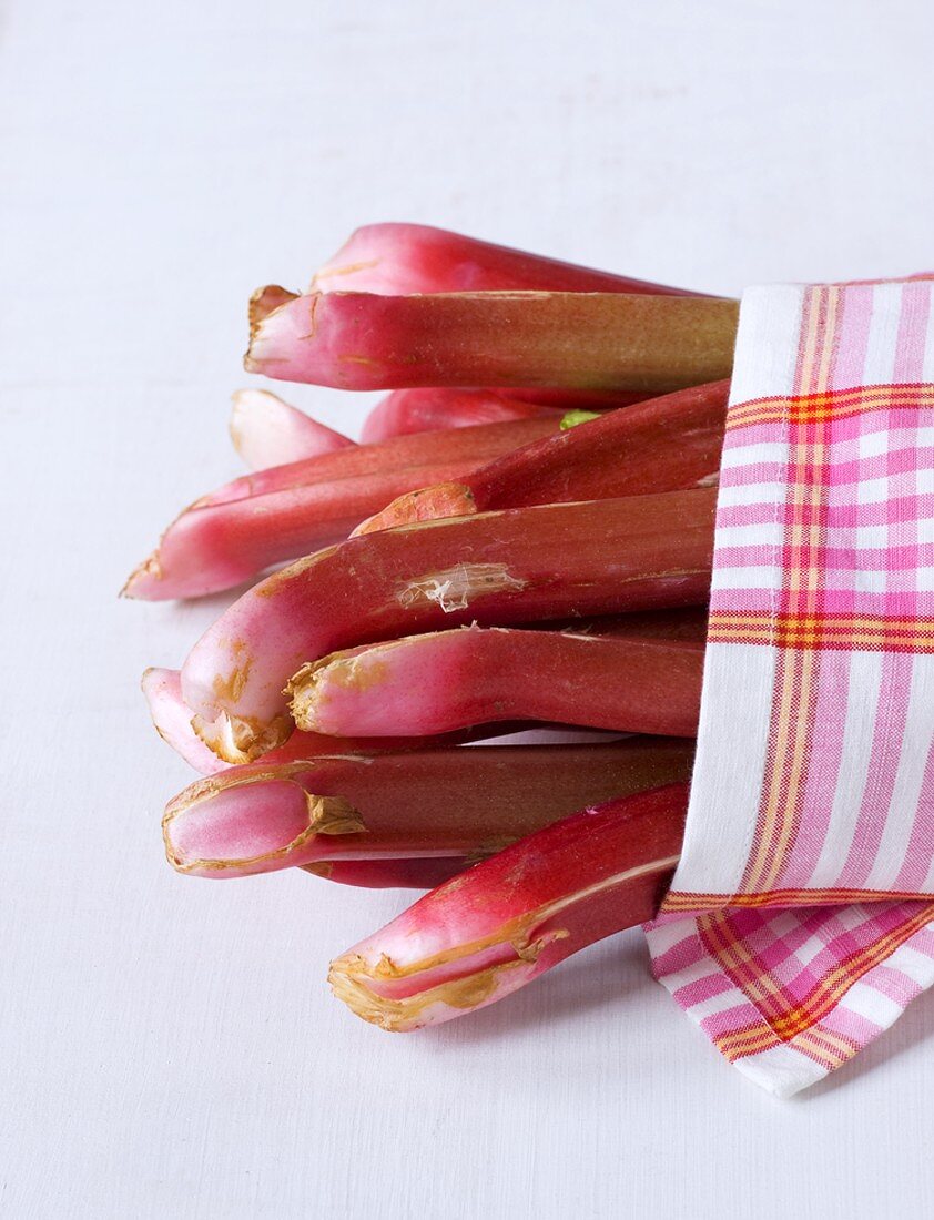 Fresh rhubarb wrapped in a dish cloth