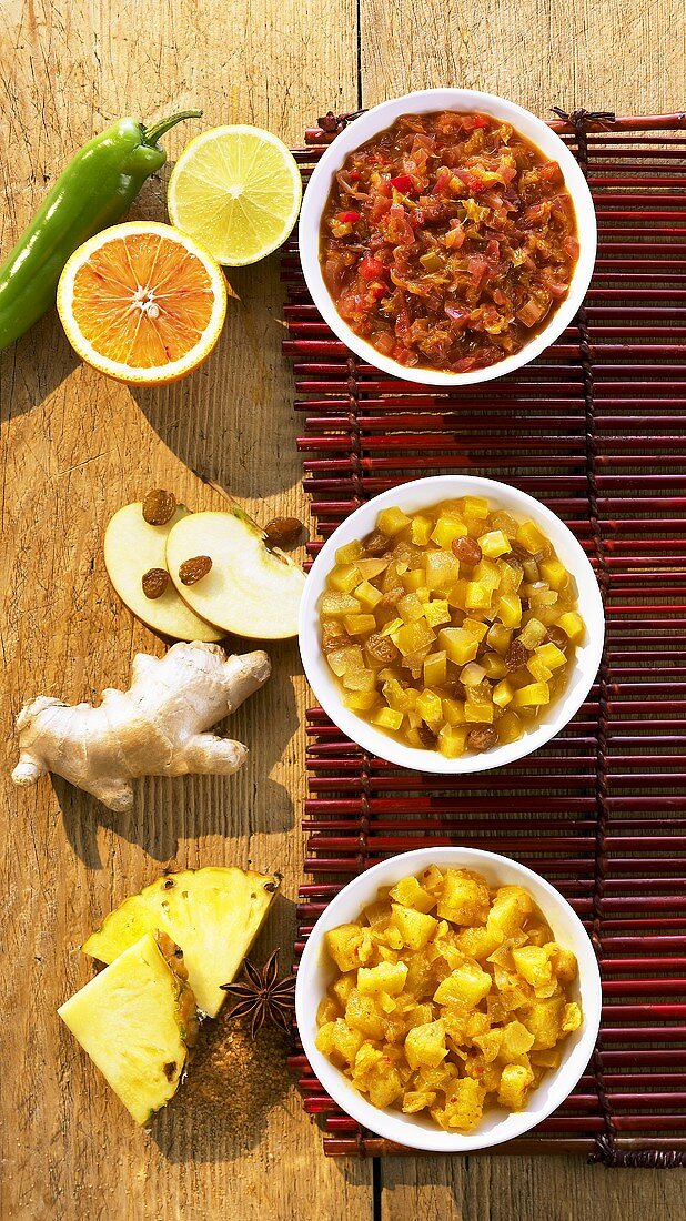 Pineapple chutney, apple chutney and orange chutney