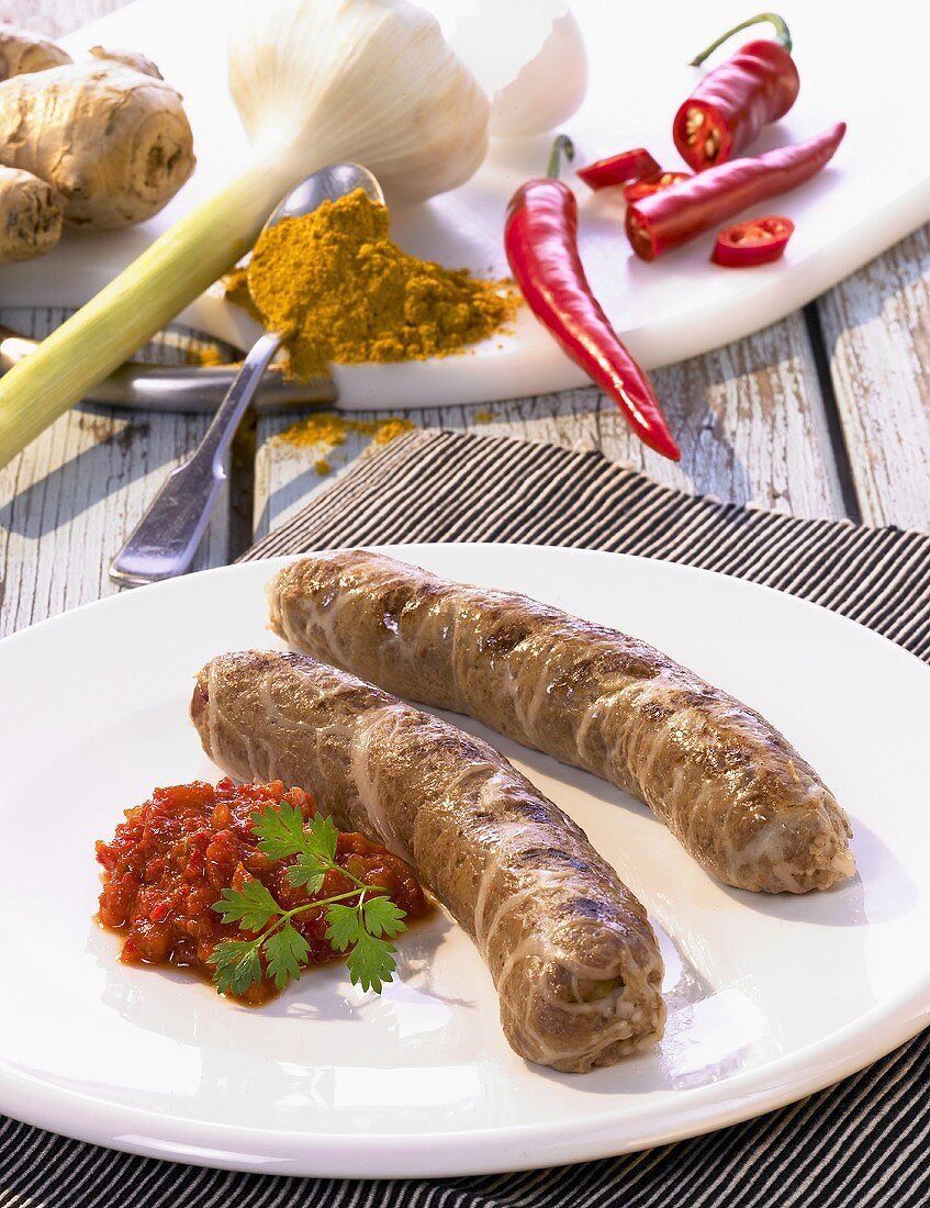 Curried beef sausage with a spicy dip