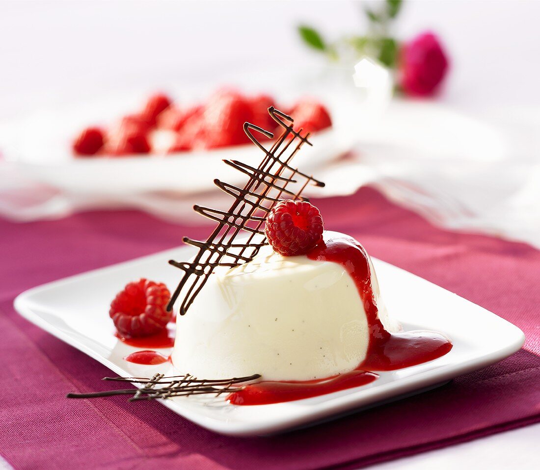 Panna cotta with raspberry sauce and a chocolate grid