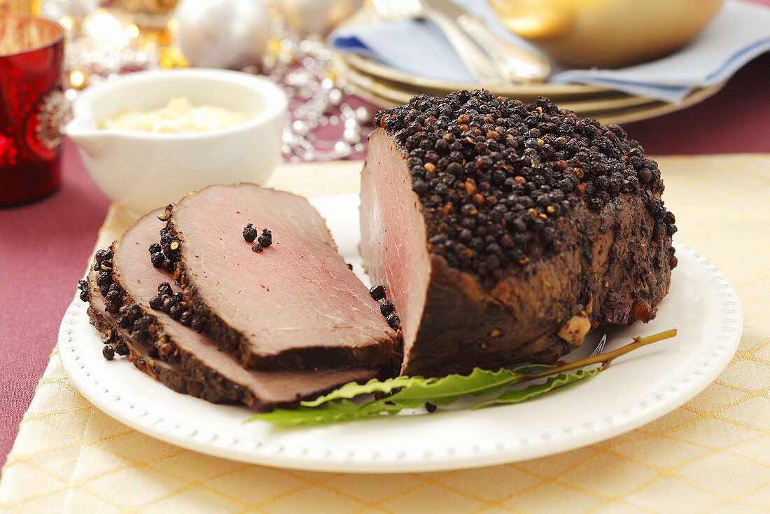 Roast beef with a pepper crust for Christmas dinner