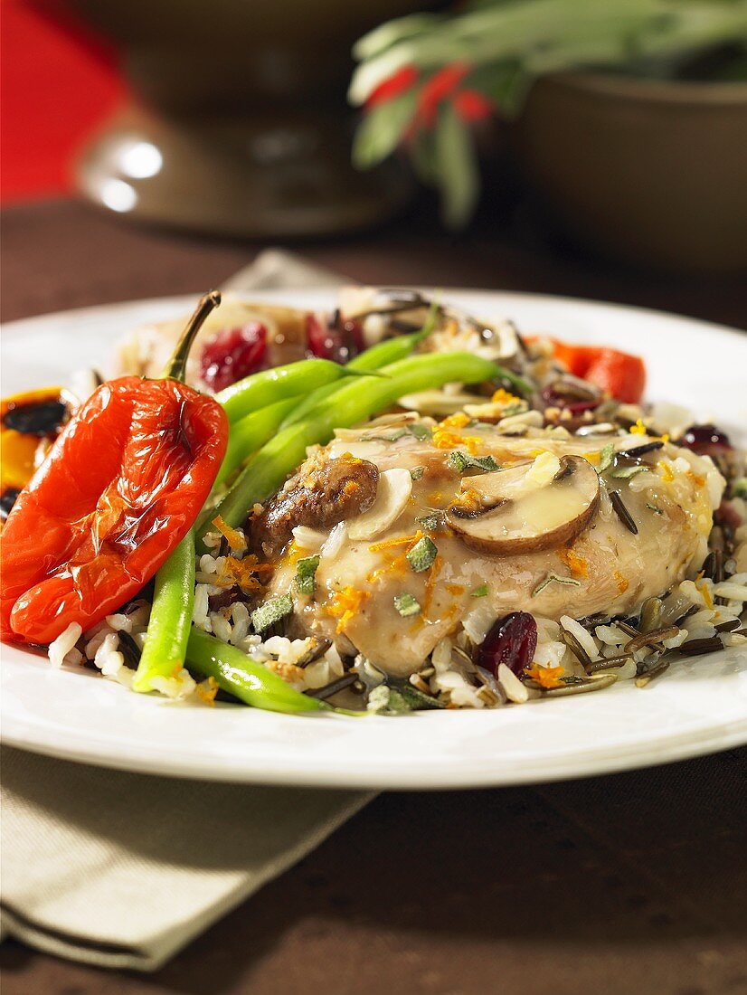 Sage chicken on a bed of wild rice