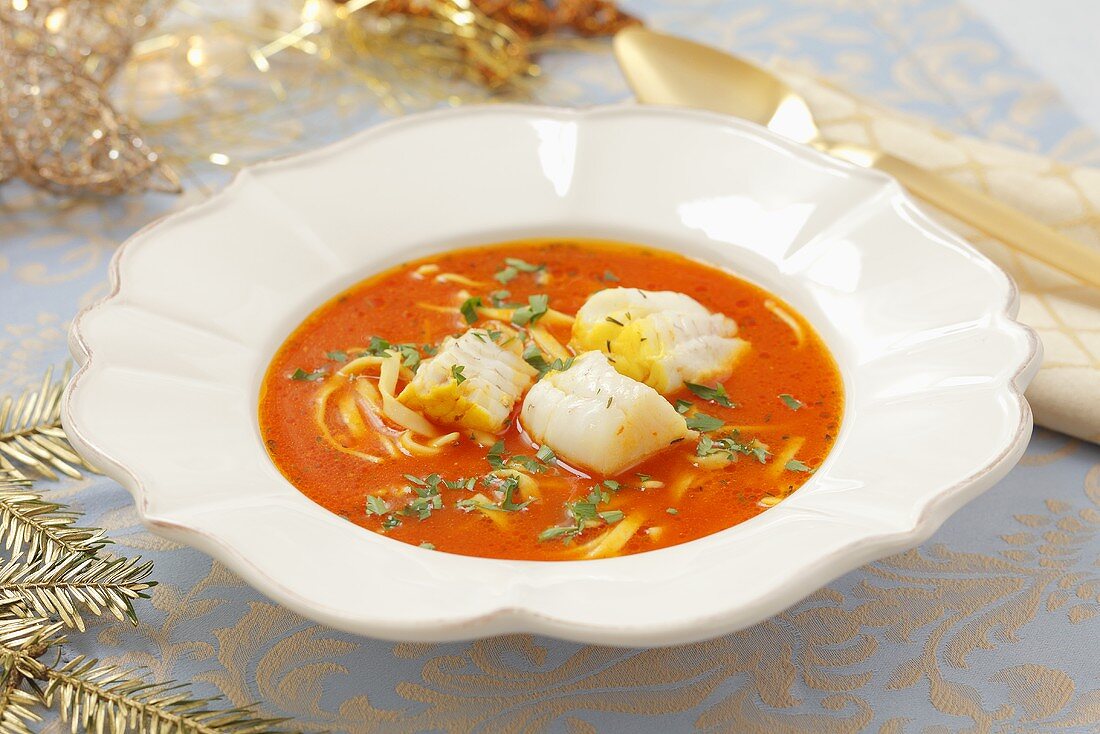 Tomato and fish soup with pasta