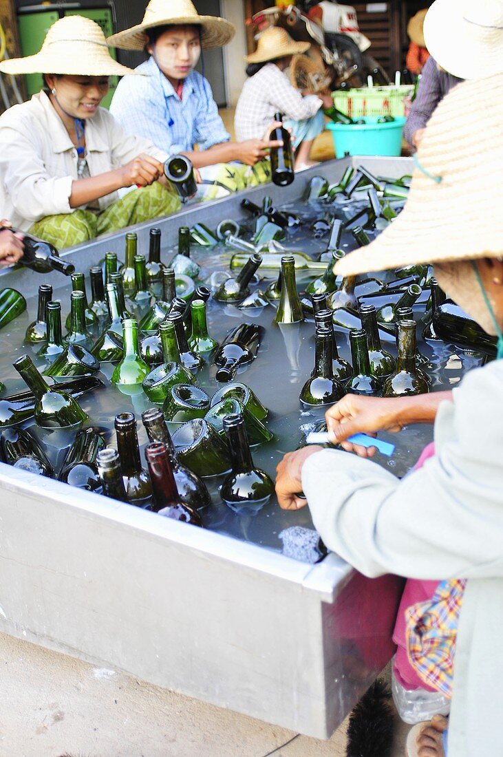Weinflaschen werden gewaschen (Weingut in Asien)