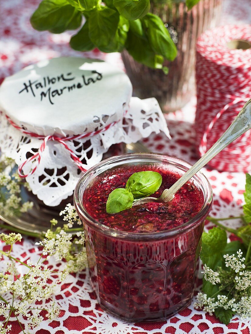 Raspberry jam with basil