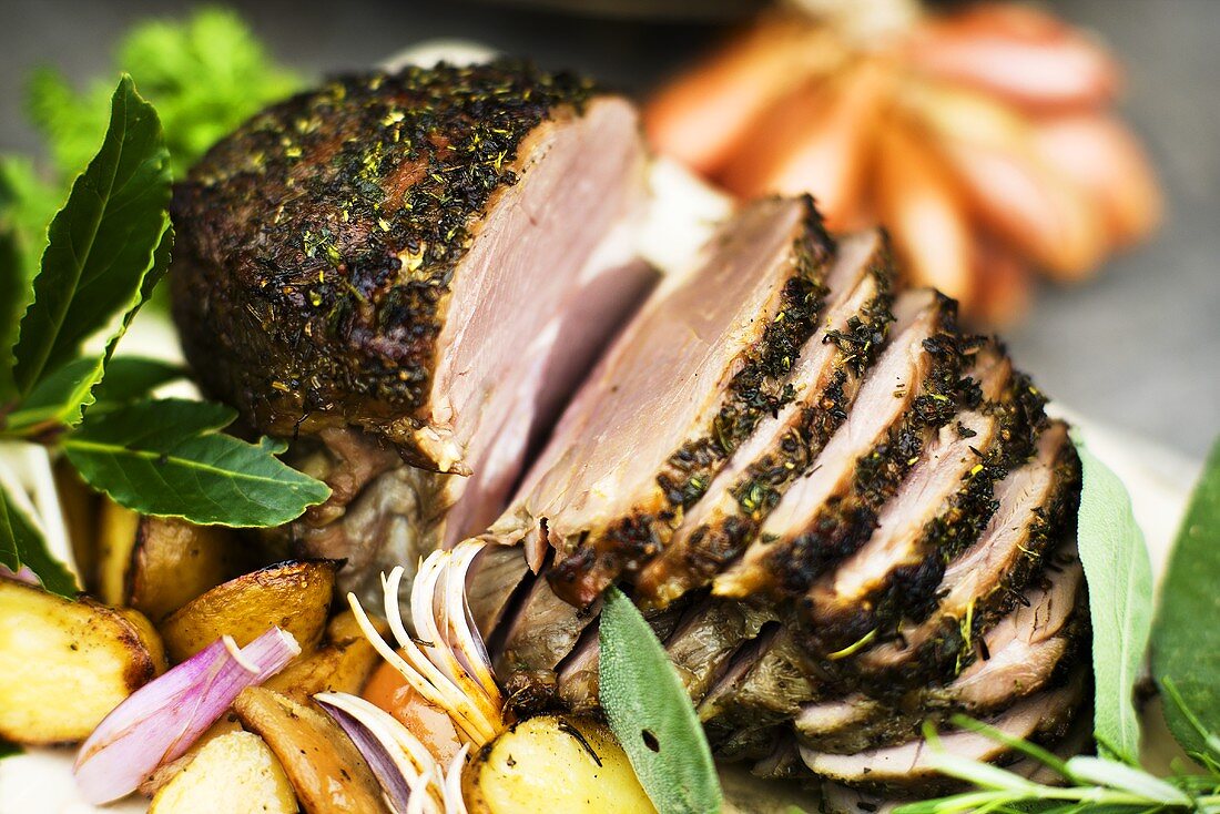 Roast lamb with a herb crust