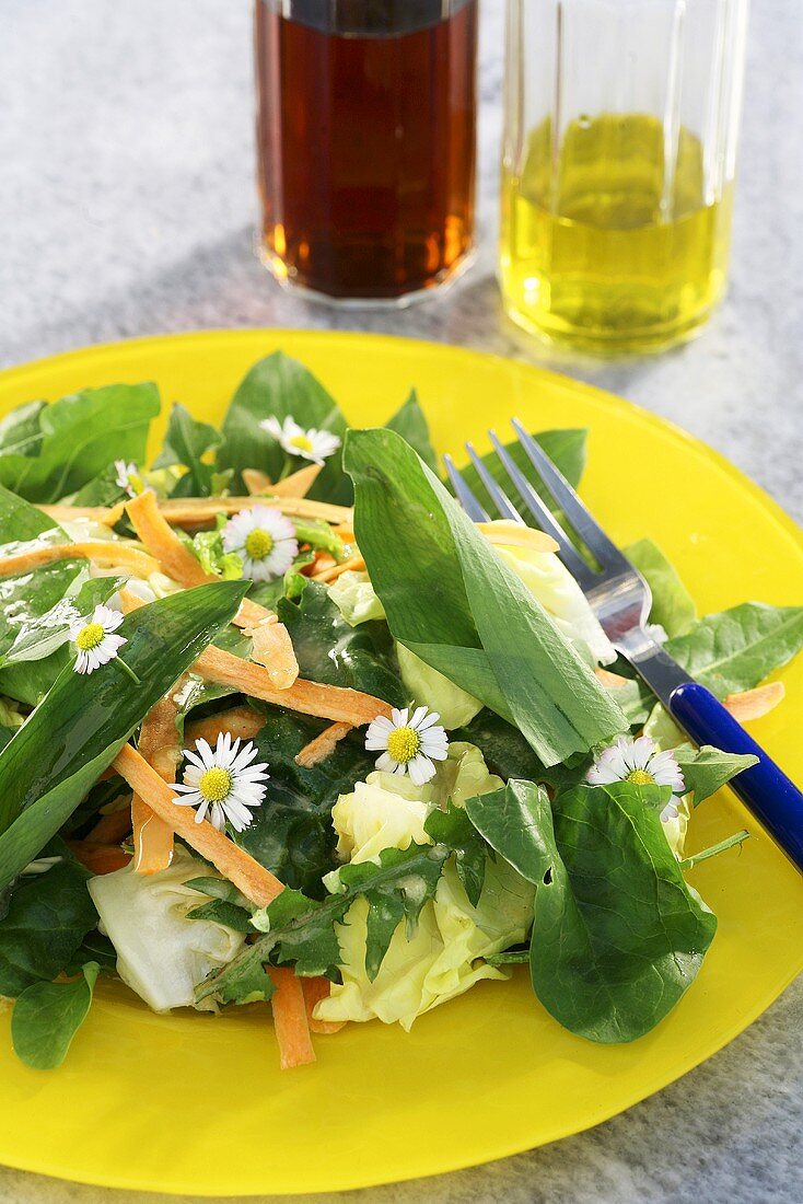 Spring salad with chives and daisies
