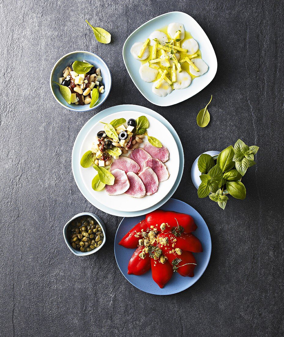 Scallop carpaccio, lamb carpaccio and pepper carpaccio