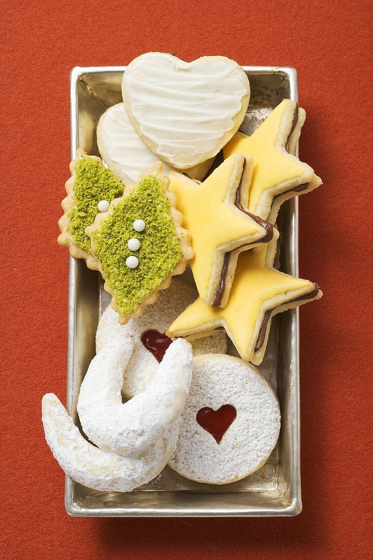 Various Christmas biscuits in a dish