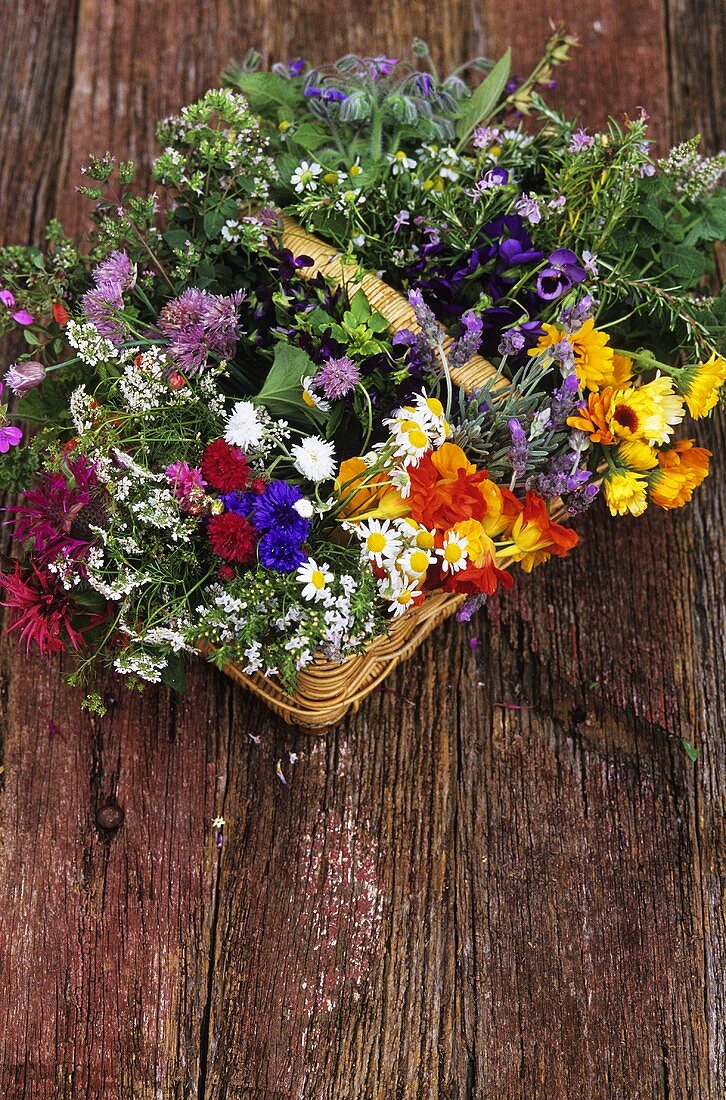 A basket of fresh edible flowers