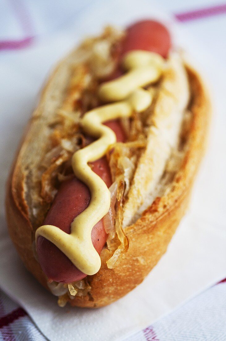 Hot Dog mit Senf und Zwiebeln