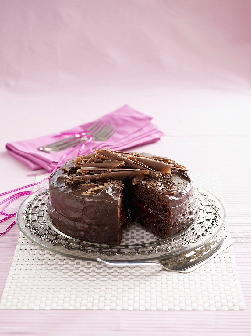 A chocolate truffle cake, sliced