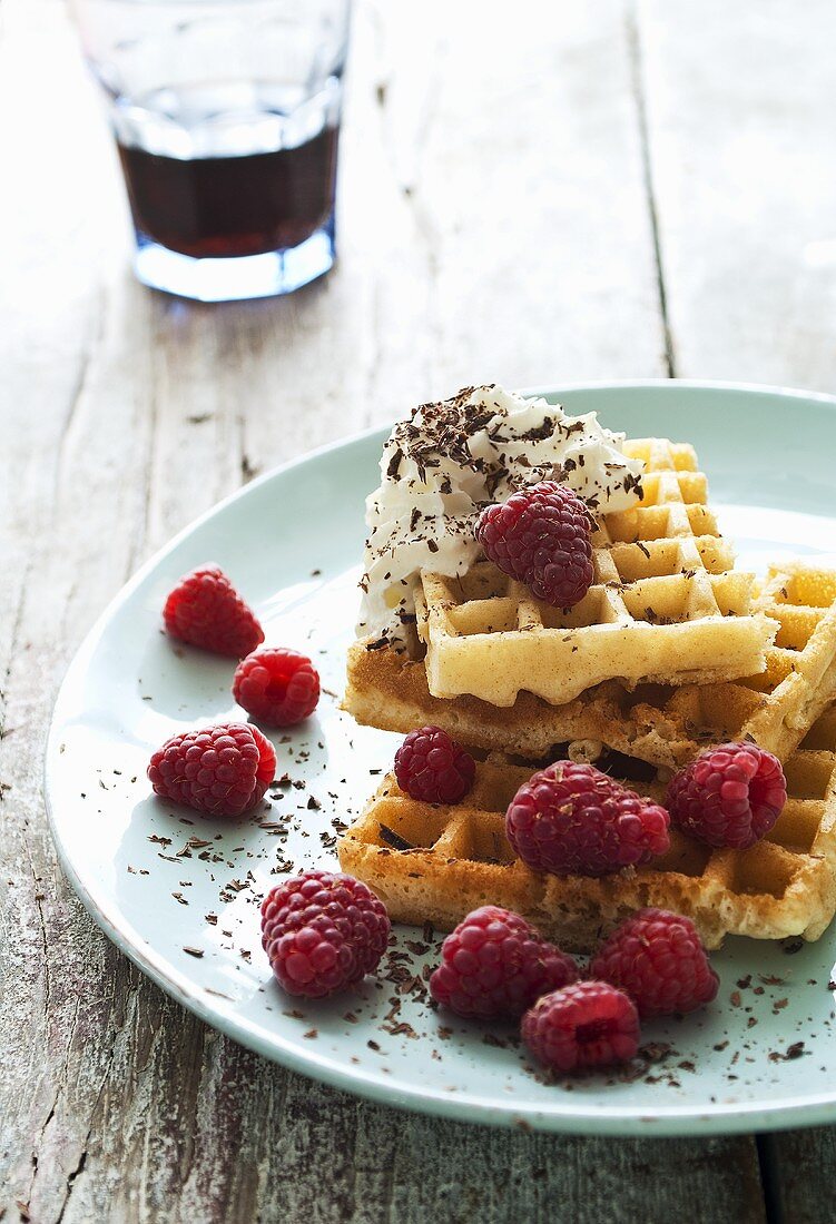 Waffles with raspberries and cream