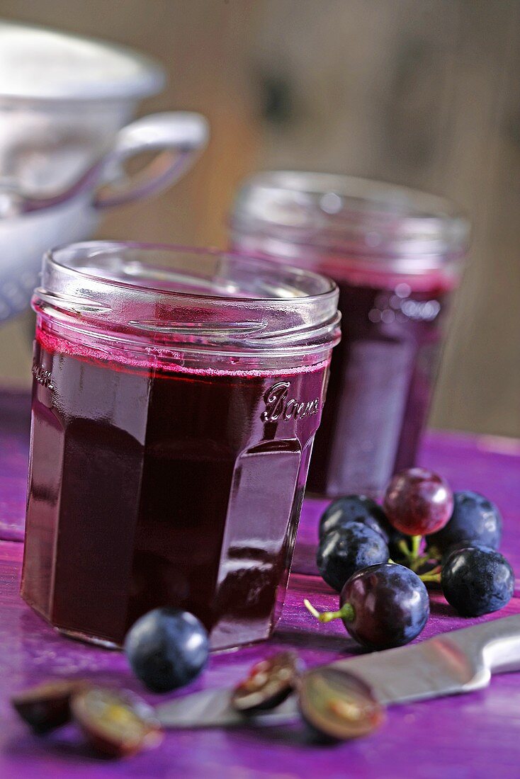Red grape jam in jars