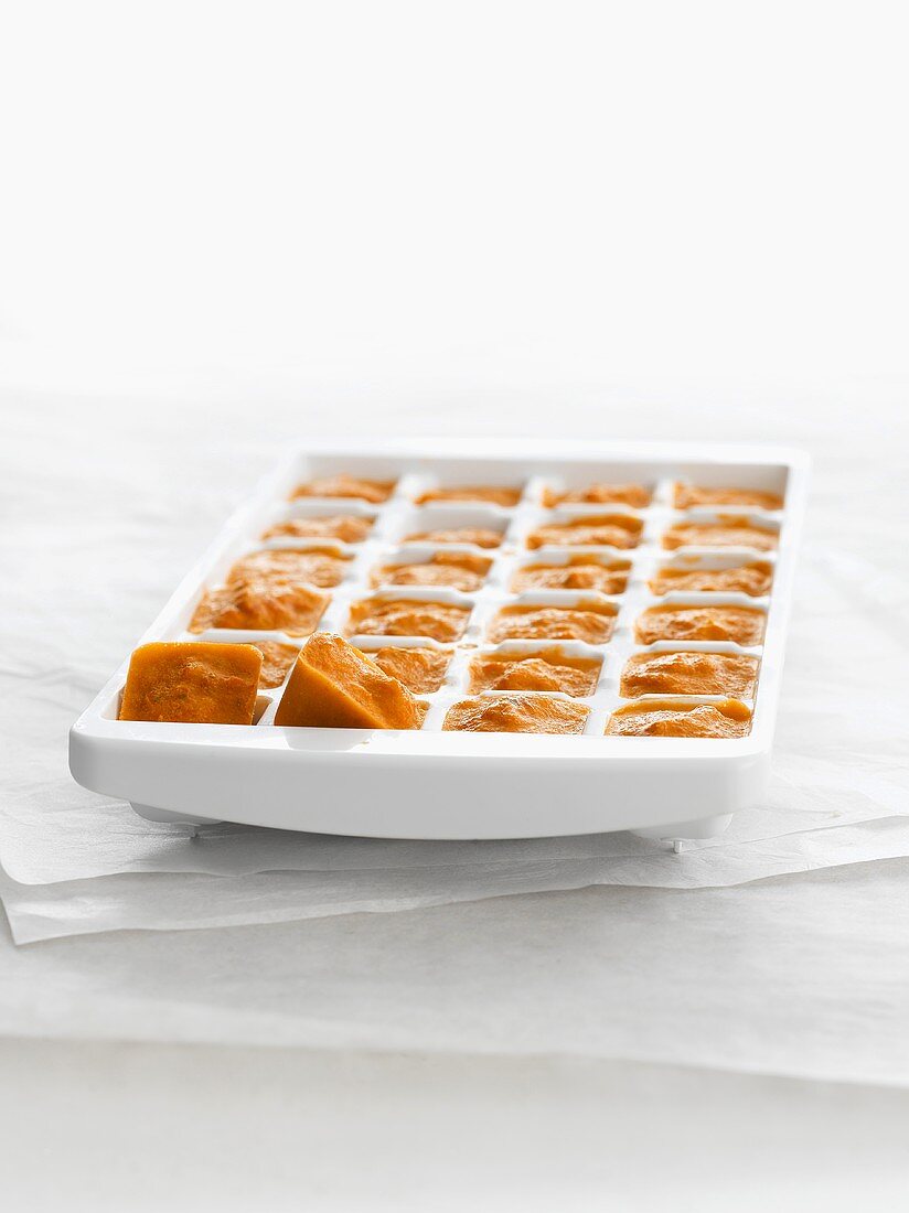 Tomato sauce in an ice cube tray
