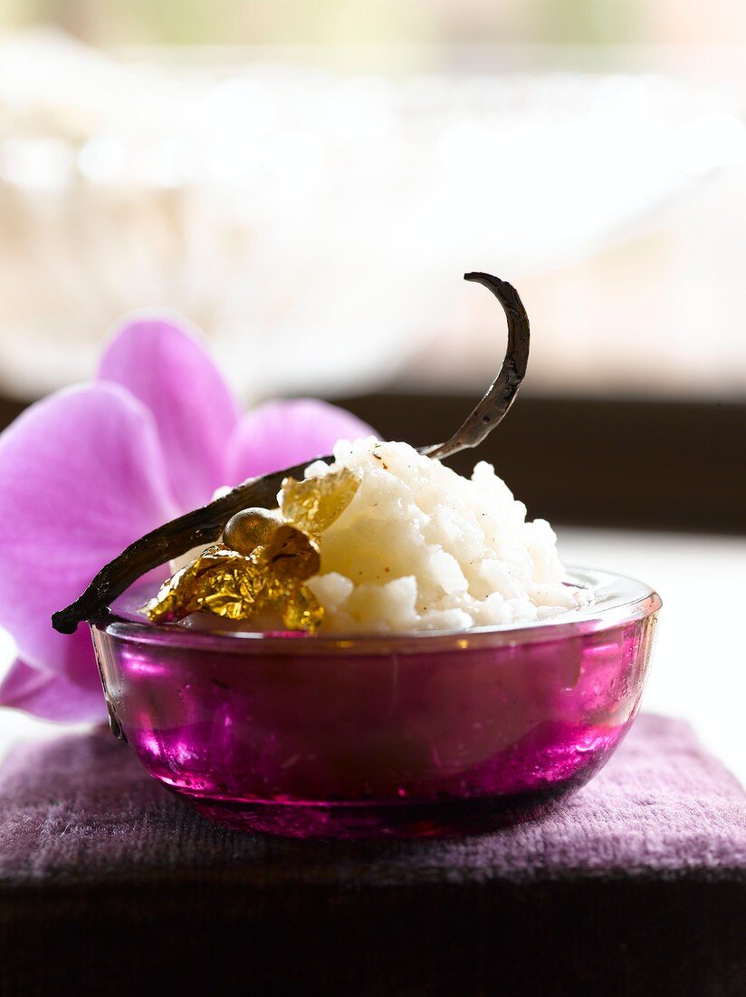 Vanilla and coconut risotto with gold leaf