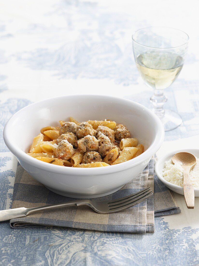 Penne pasta with veal meatballs