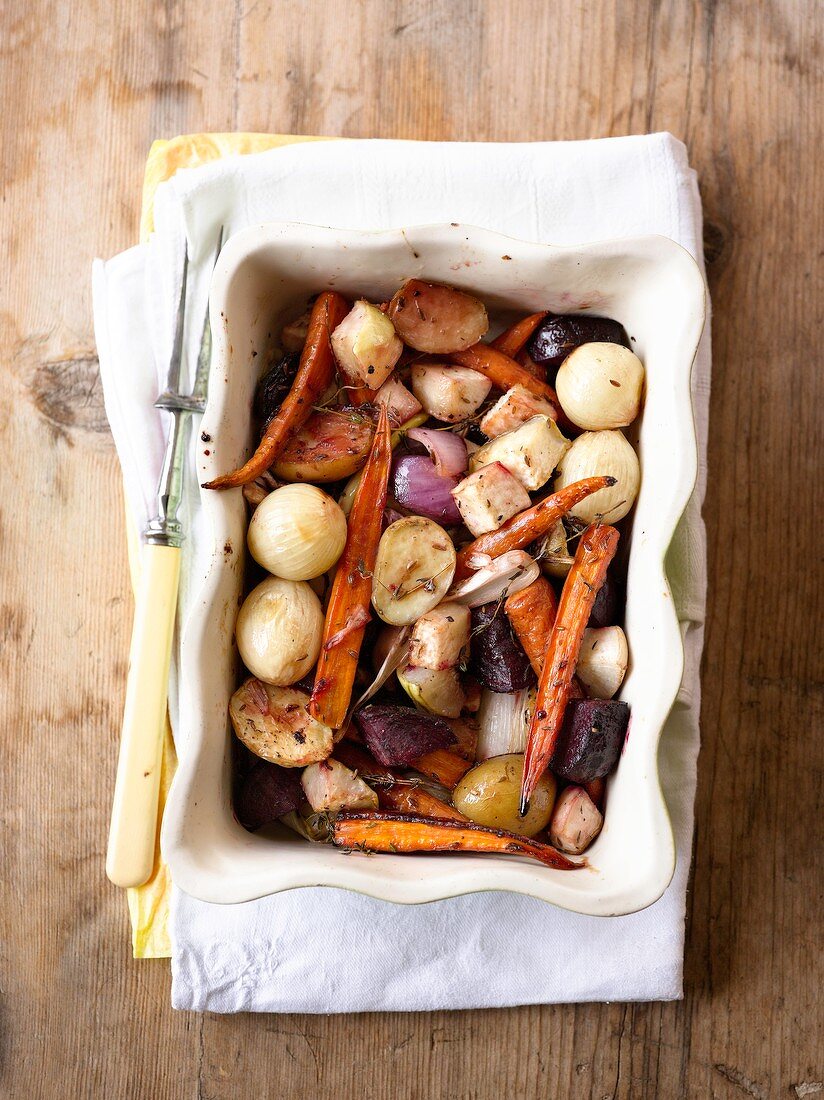 Roasted root vegetables with honey, thyme and caraway