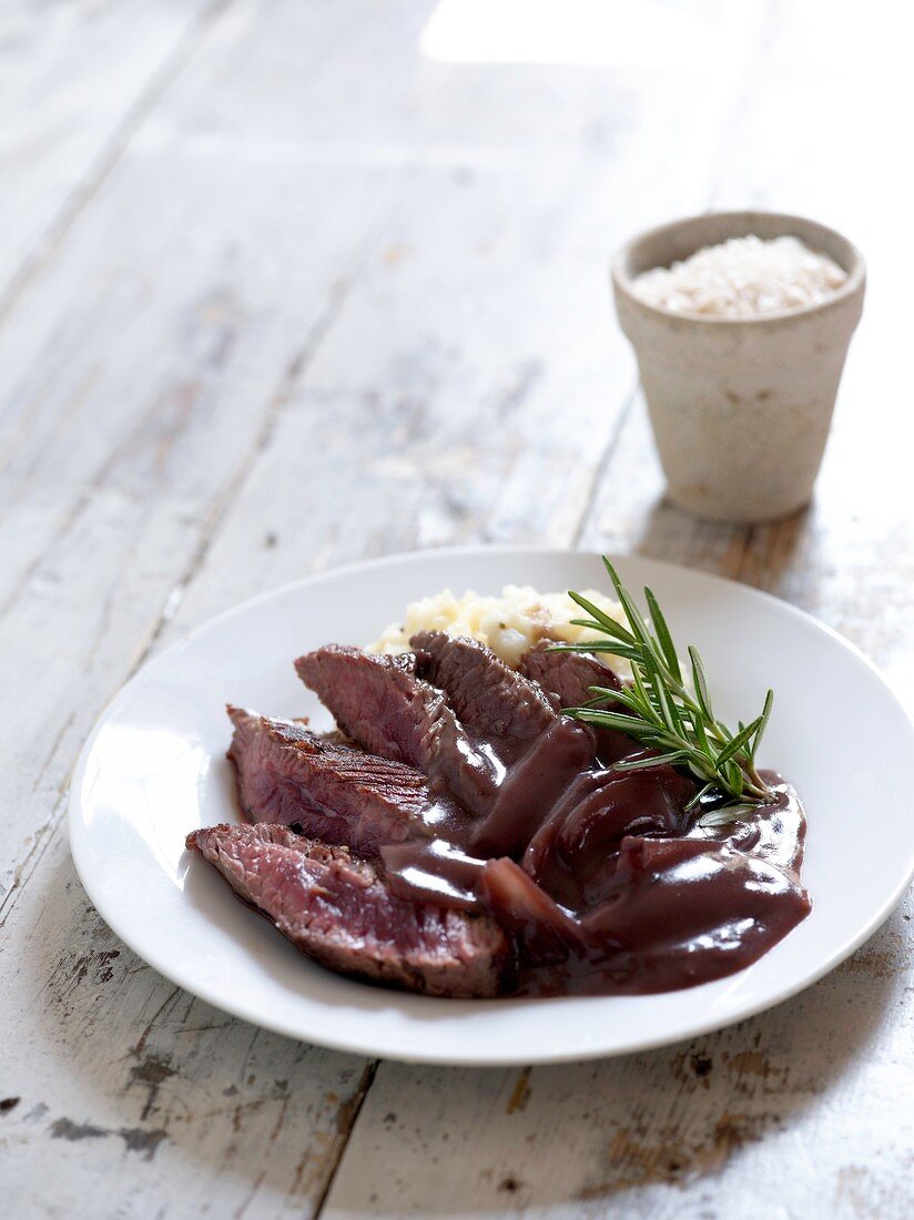Ostrich steak with celery puree and a red wine sauce