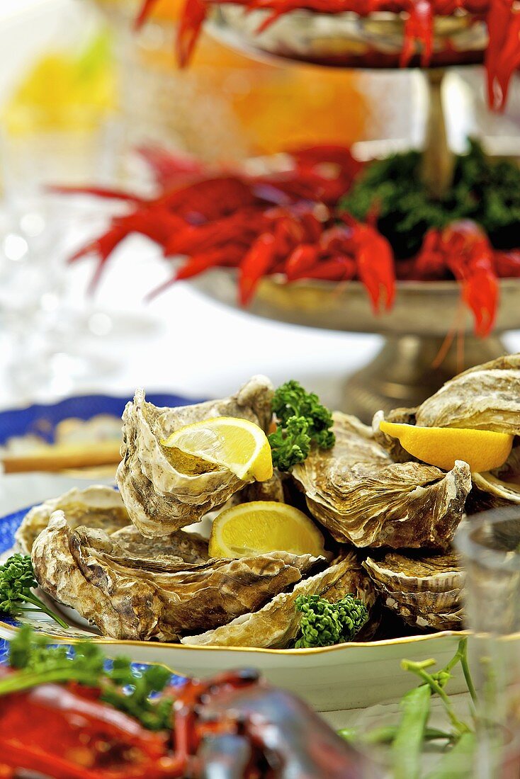 Oysters and cooked crayfish on a table