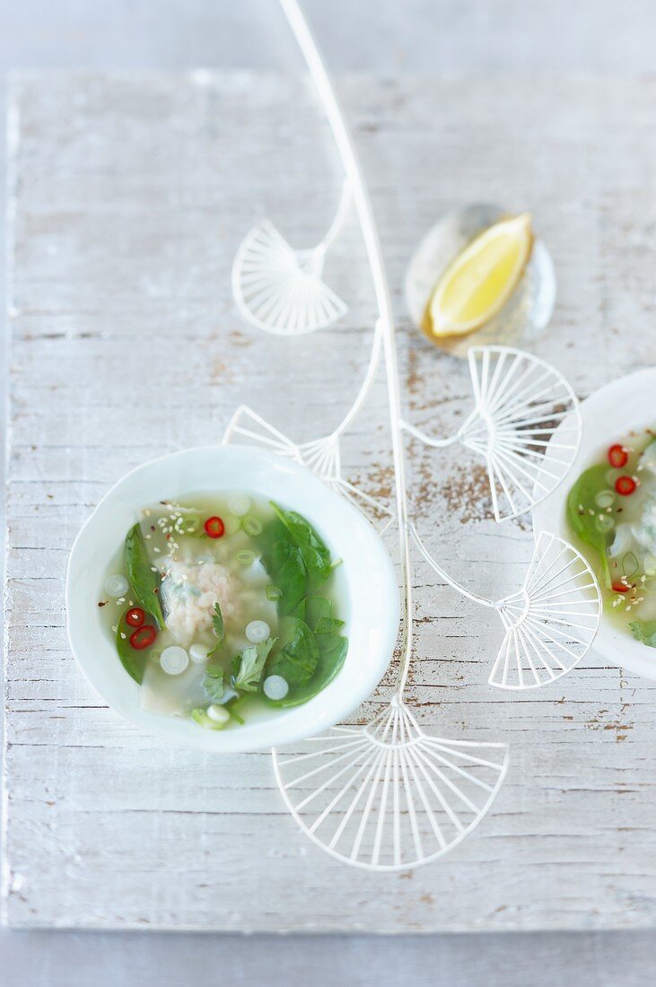 Lemongrass soup with prawn won-tons
