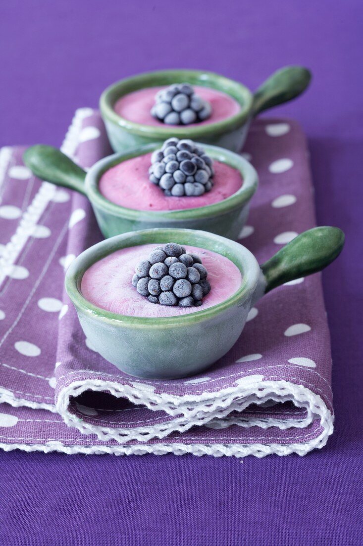 Semi-frozen yogurt with blackberries in ramekins