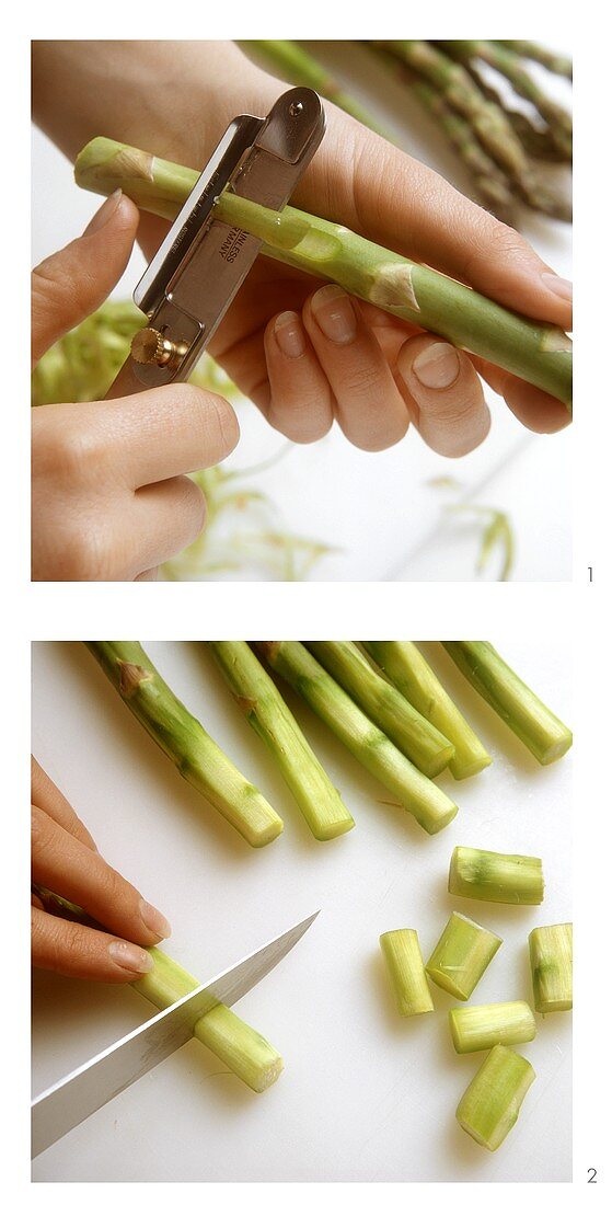 Peeling green asparagus spears and cutting off the ends