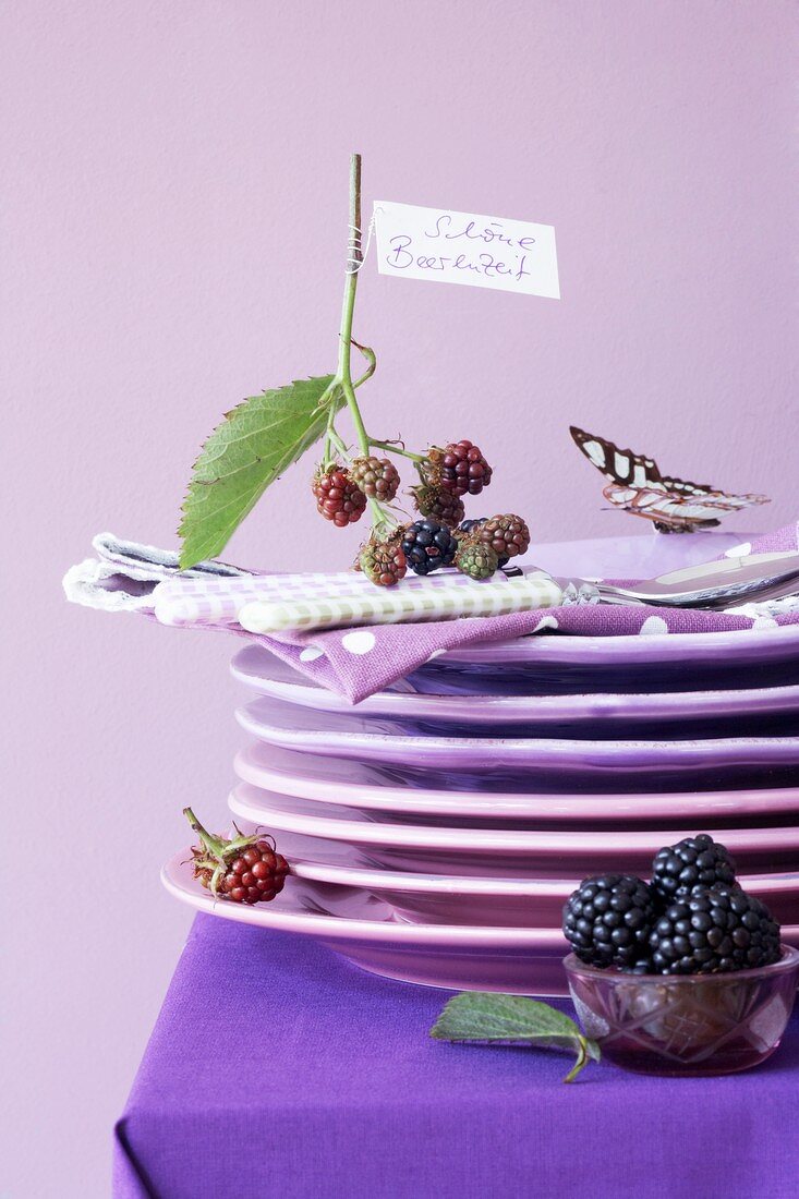 A stack of plates with napkins and a sprig of blackberries