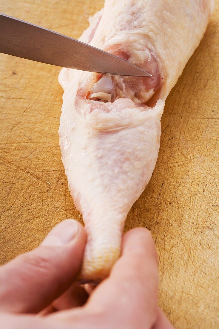 A chicken leg being removed at the joint