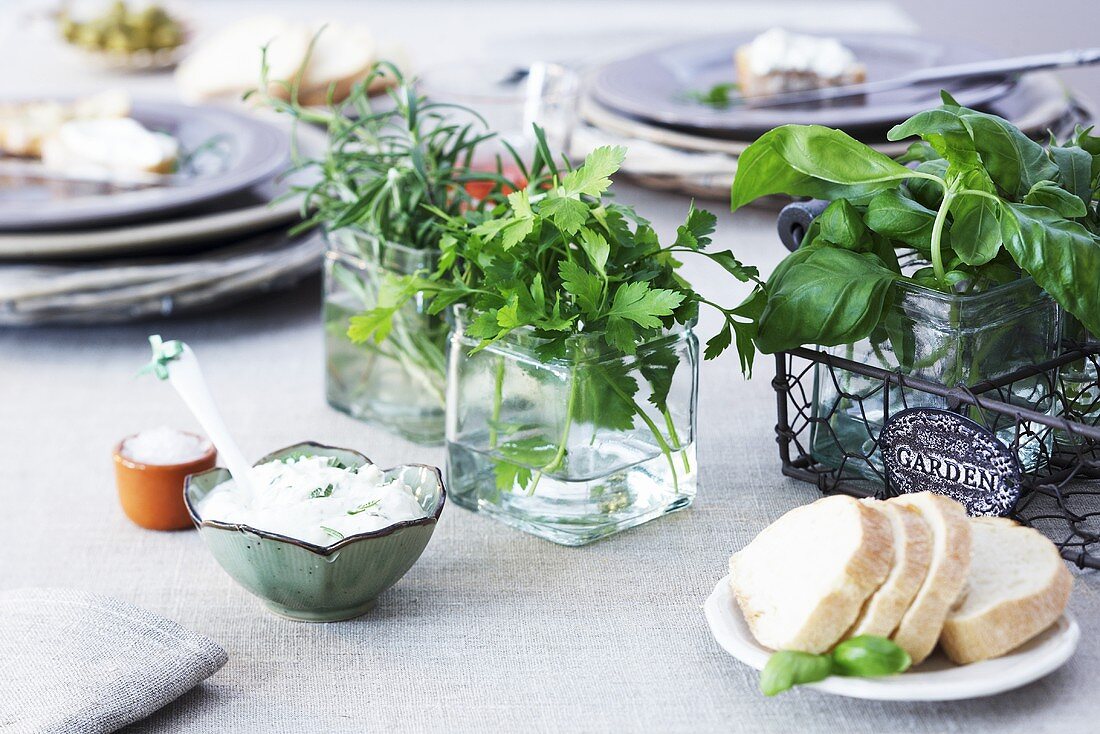 Herb dip and fresh herbs