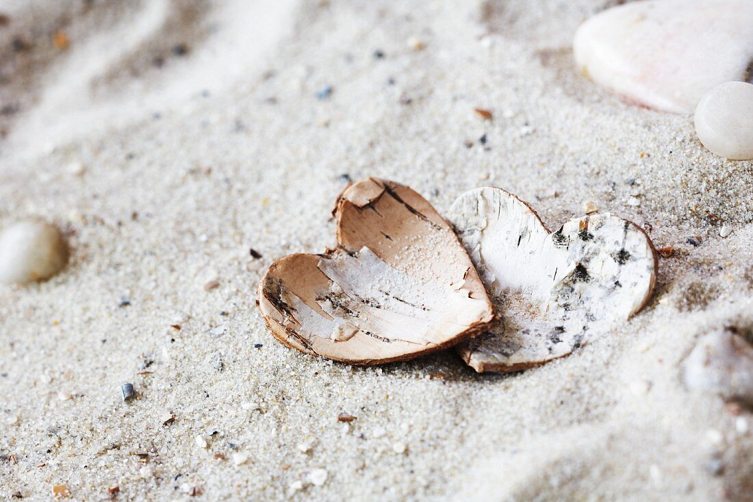 Hearts made of bark on the beach