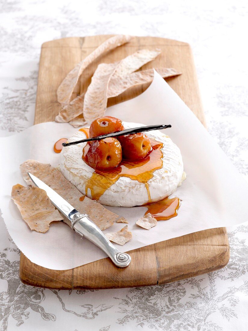 Poached nectarines with Camembert cheese and anise flatbread