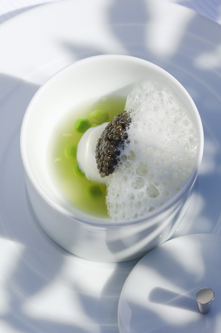 Pea dish with caviar (Molecular gastronomy)