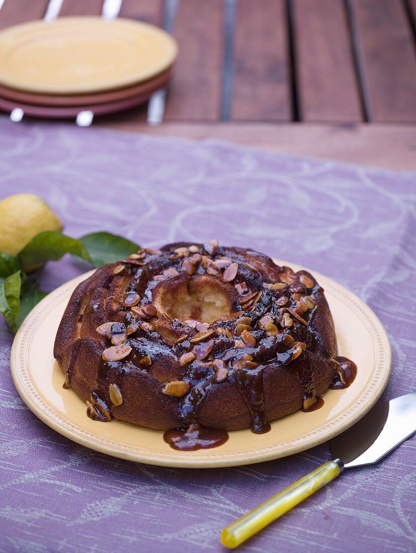 Almond cake with chocolate sauce