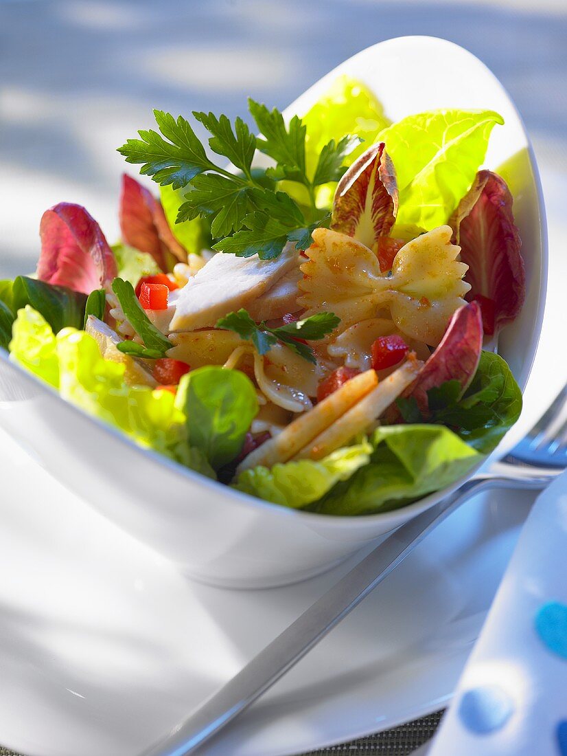 Sommerlicher Blattsalat mit Hähnchenfleisch und Farfalle