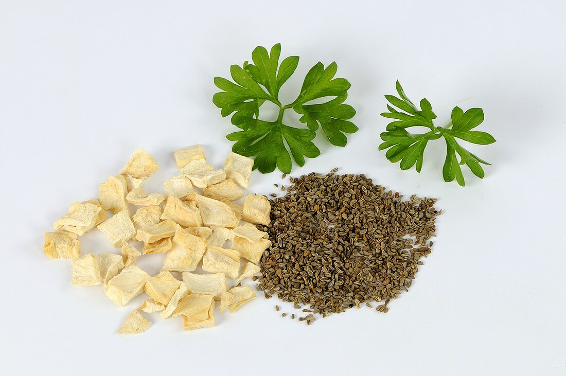Parsley root, leaves and seeds