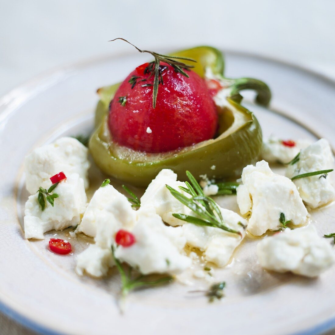 Green pepper stuffed with tomato, with feta cheese