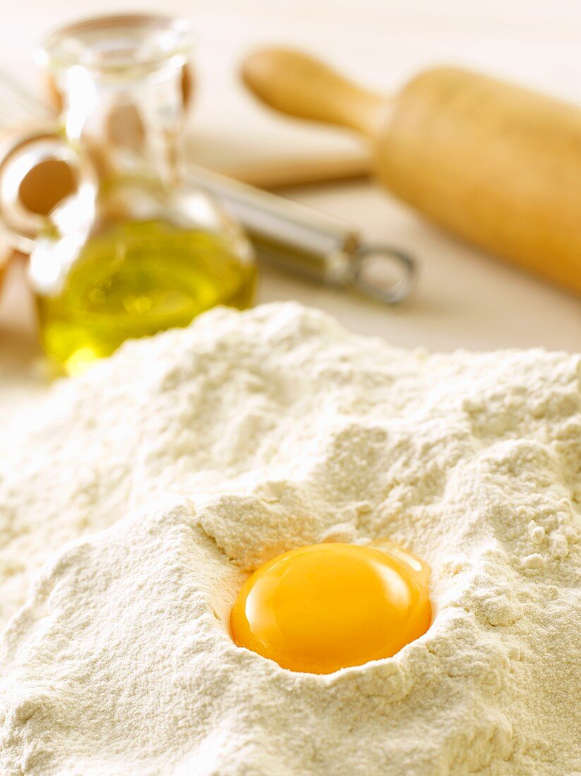 Flour, egg yolk, olive oil, rolling pin