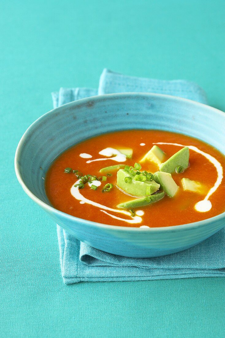 Spicy tomato soup with avocado
