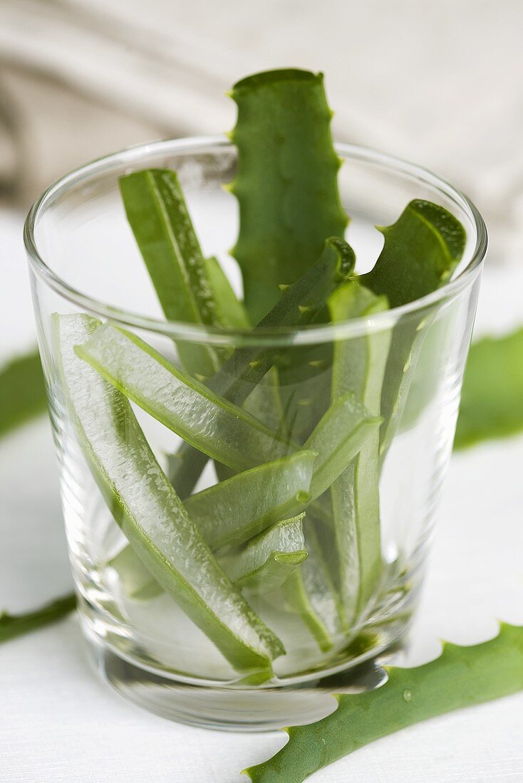 Pieces of Aloe vera in a glass beaker